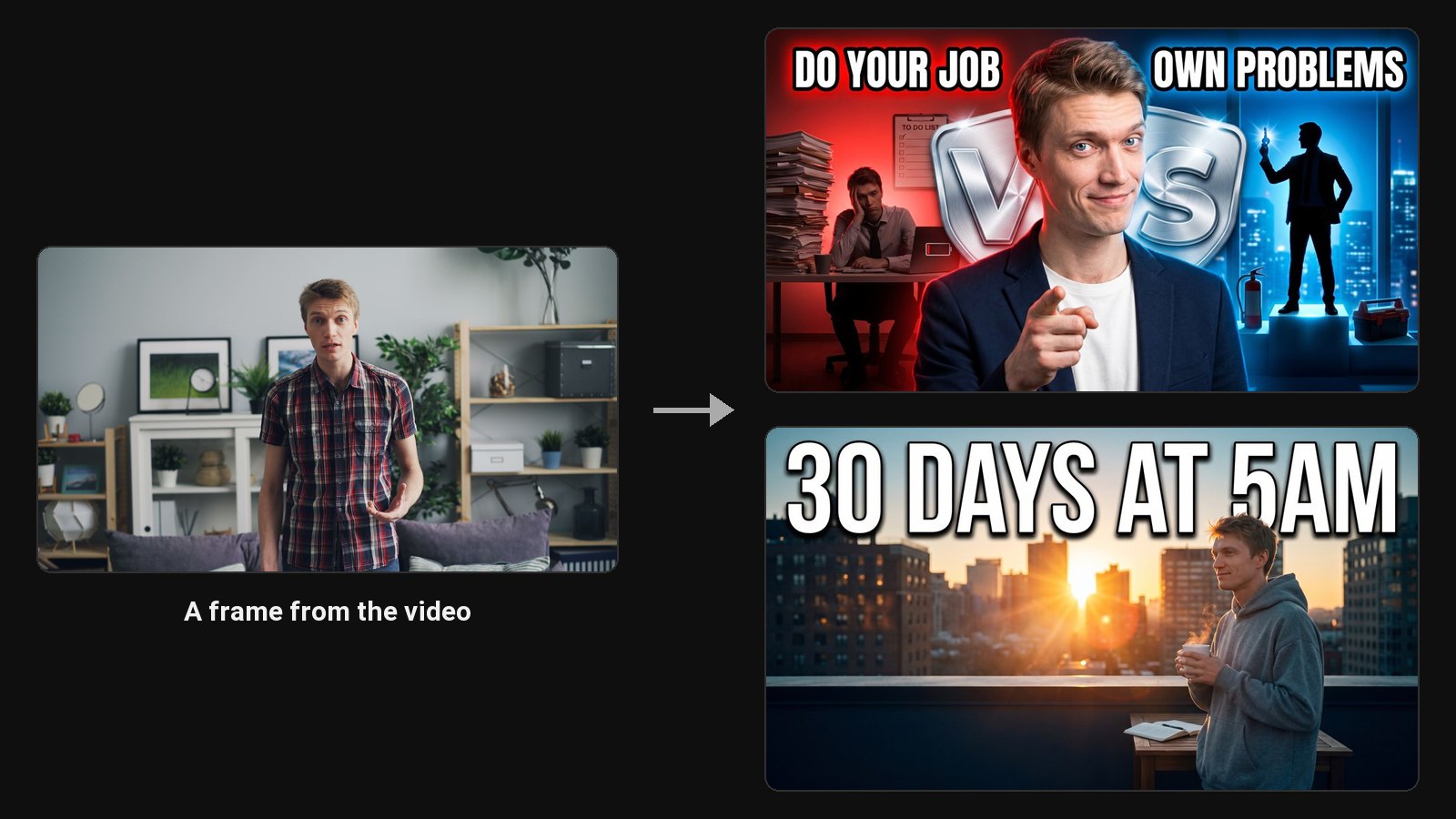A frame from a creator's video and two thumbnails ClipFlame designed from it