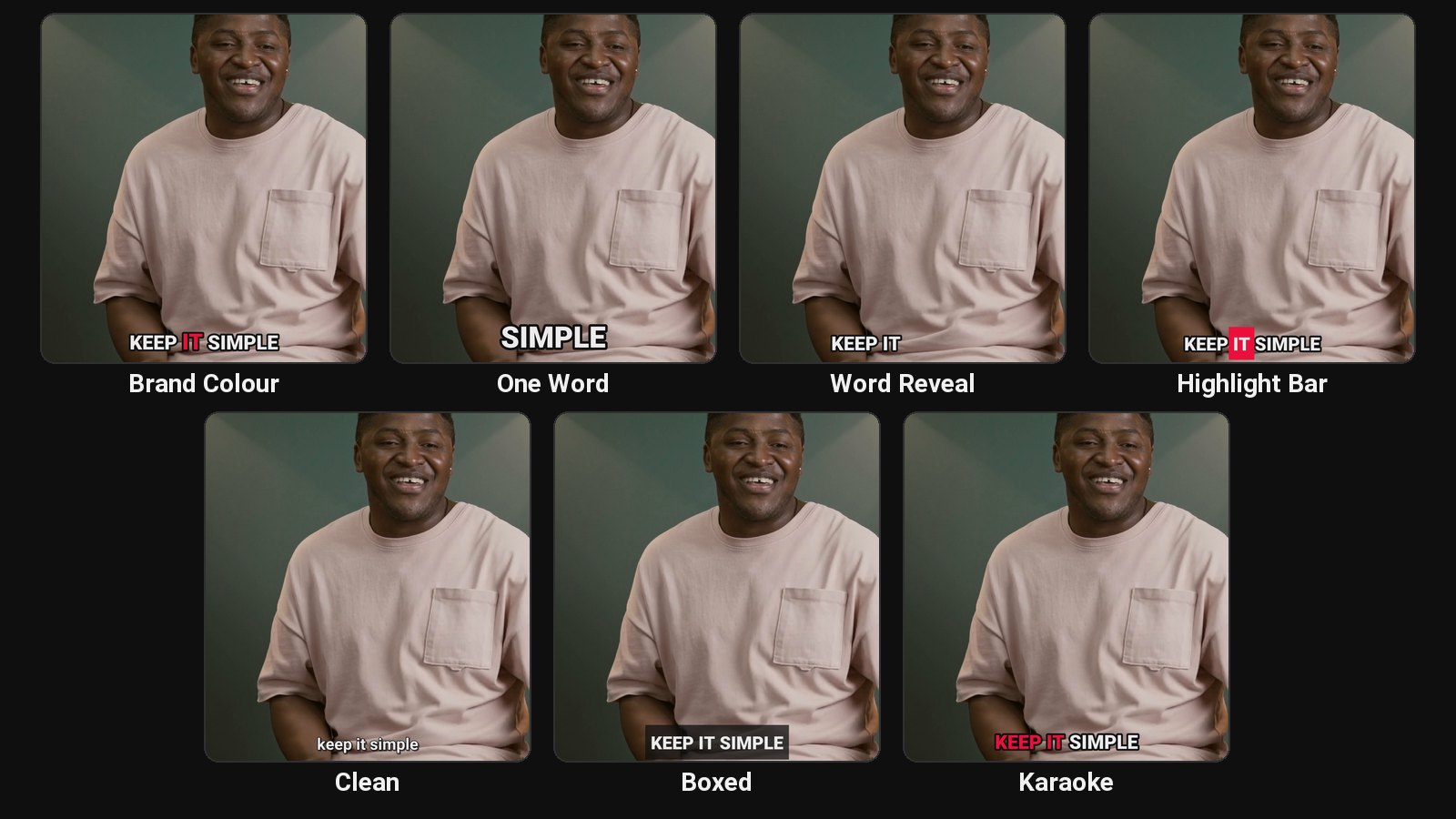 Seven caption styles on the same clip: Brand Colour, One Word, Word Reveal, Highlight Bar, Clean, Boxed and Karaoke