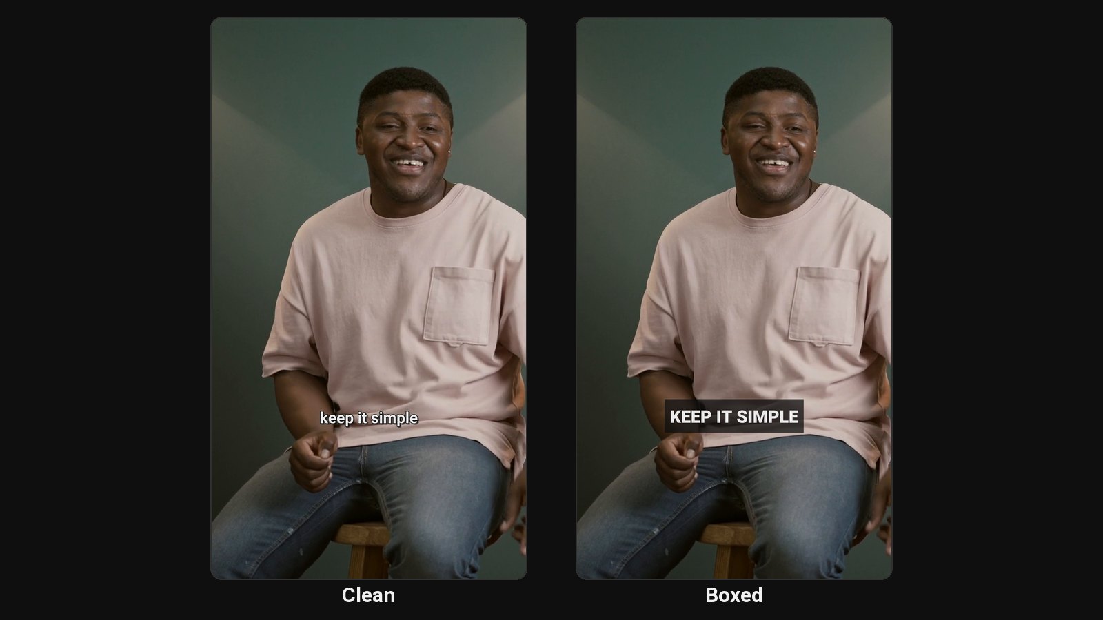 The Clean and Boxed caption styles on the same vertical clip, two calm styles that read well on Facebook