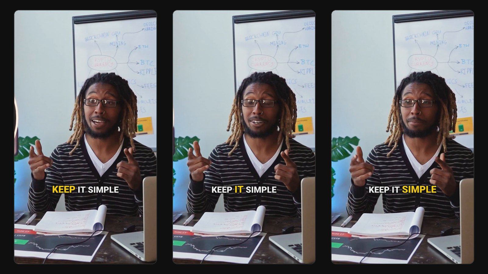 Three frames of Hormozi-style captions: the line KEEP IT SIMPLE in bold capitals, with the spoken word turning yellow