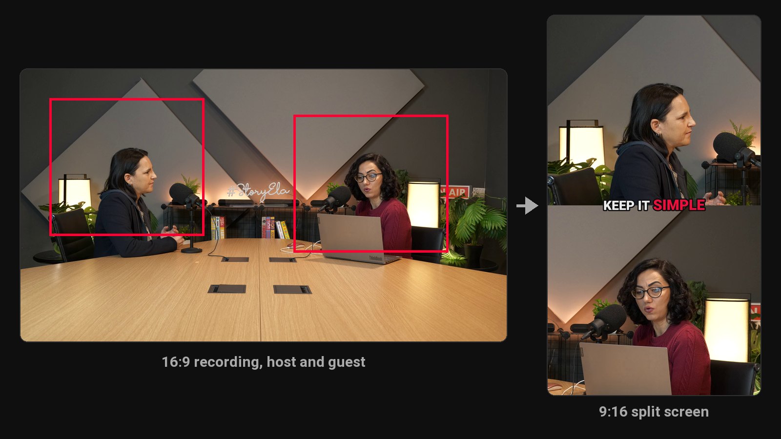 Host and guest from one 16:9 podcast recording stacked into one 9:16 split-screen clip with captions across the middle
