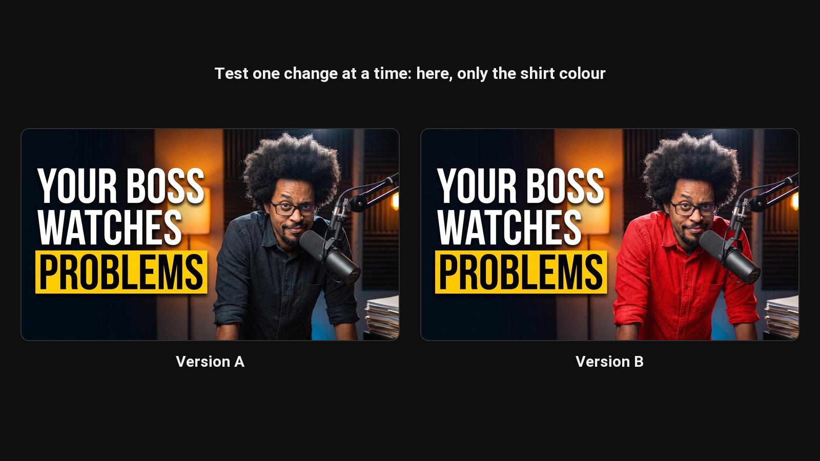 Two versions of the same thumbnail for an A/B test, different only in shirt colour