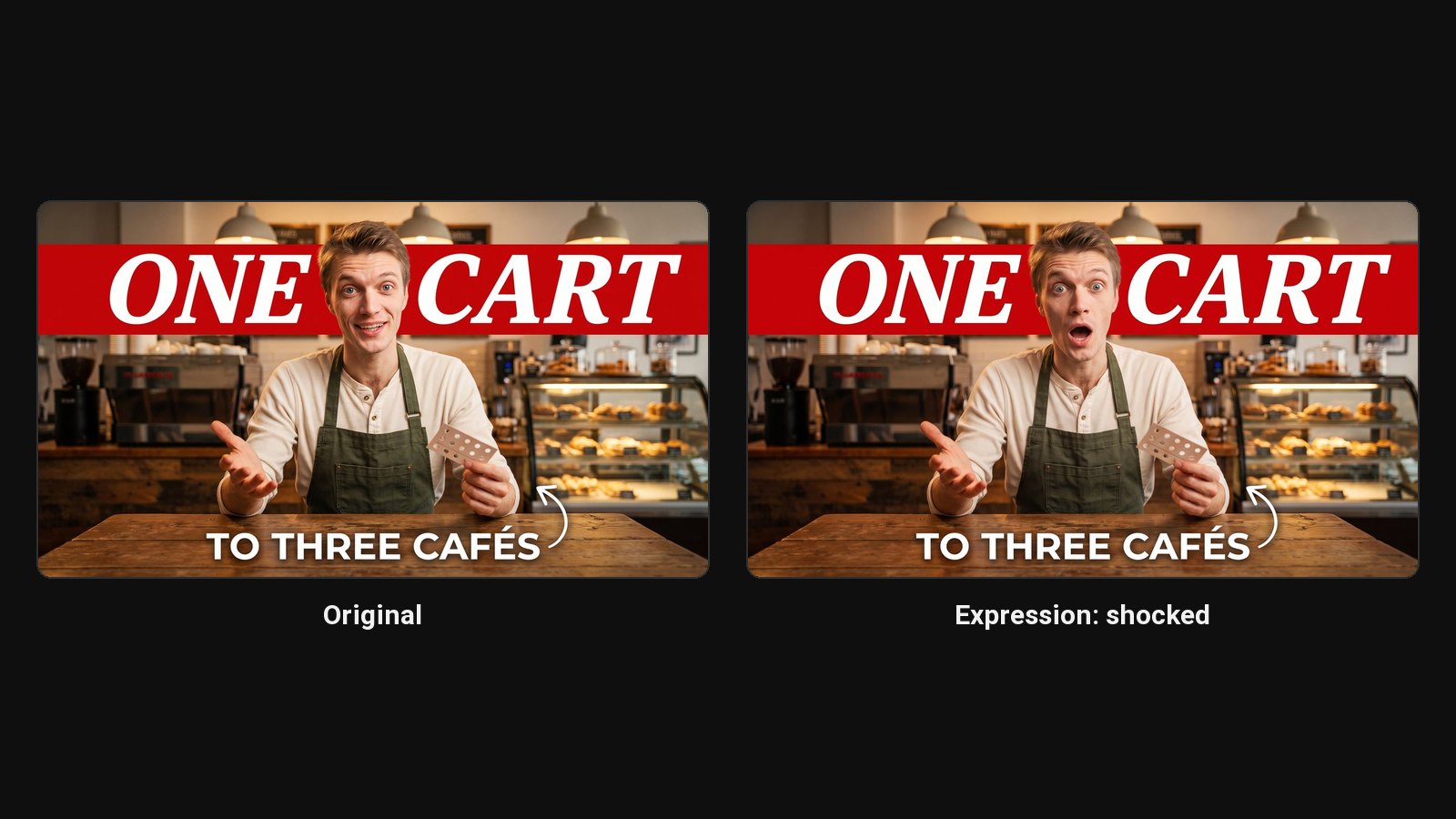 The same AI thumbnail before and after one click on the shocked expression