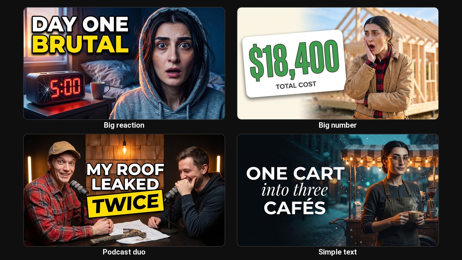 Four thumbnail layouts: big reaction, big number, podcast duo and simple text