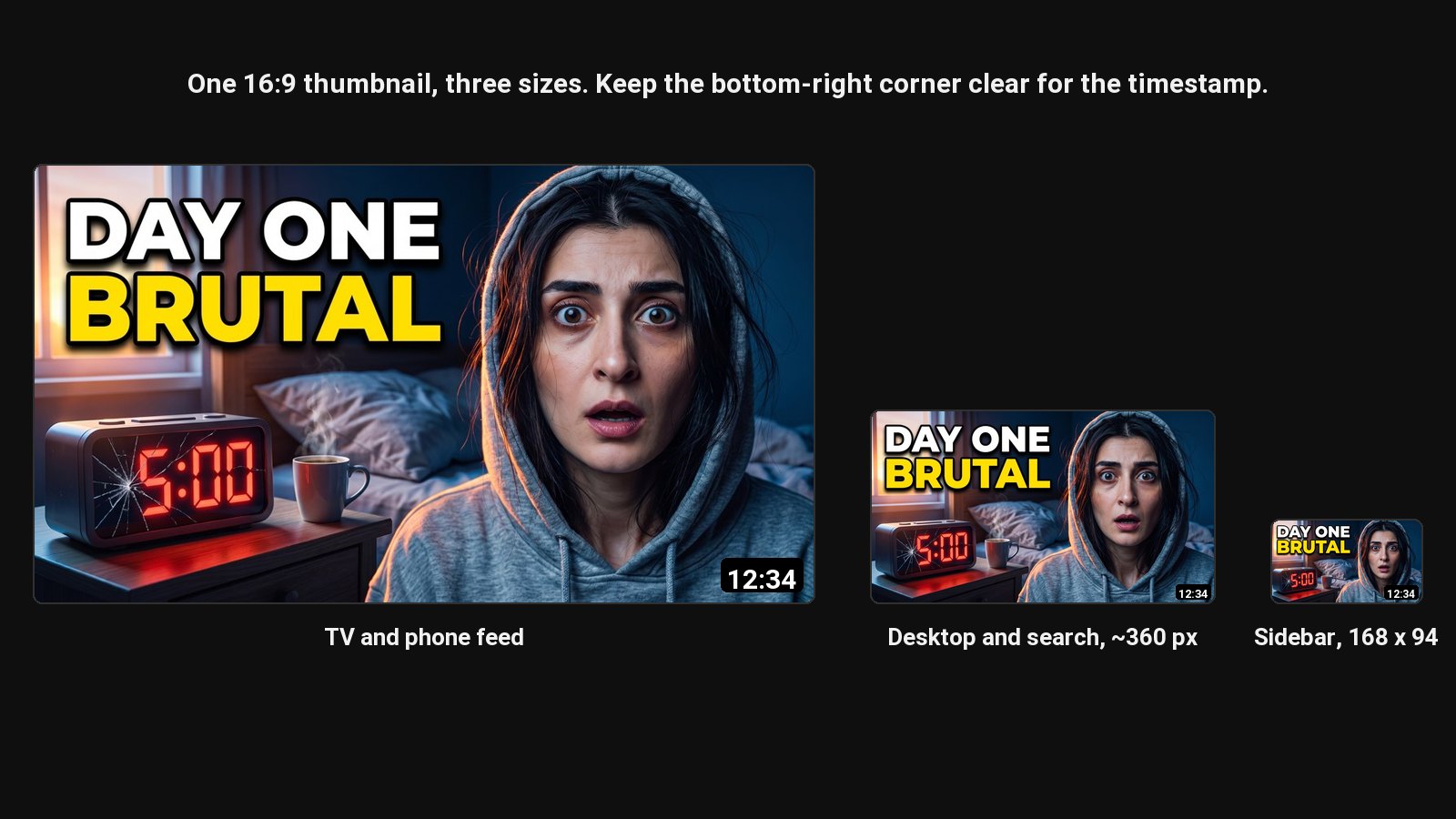 One YouTube thumbnail at TV and phone size, desktop size and the 168 x 94 sidebar size, with the timestamp in the bottom-right corner