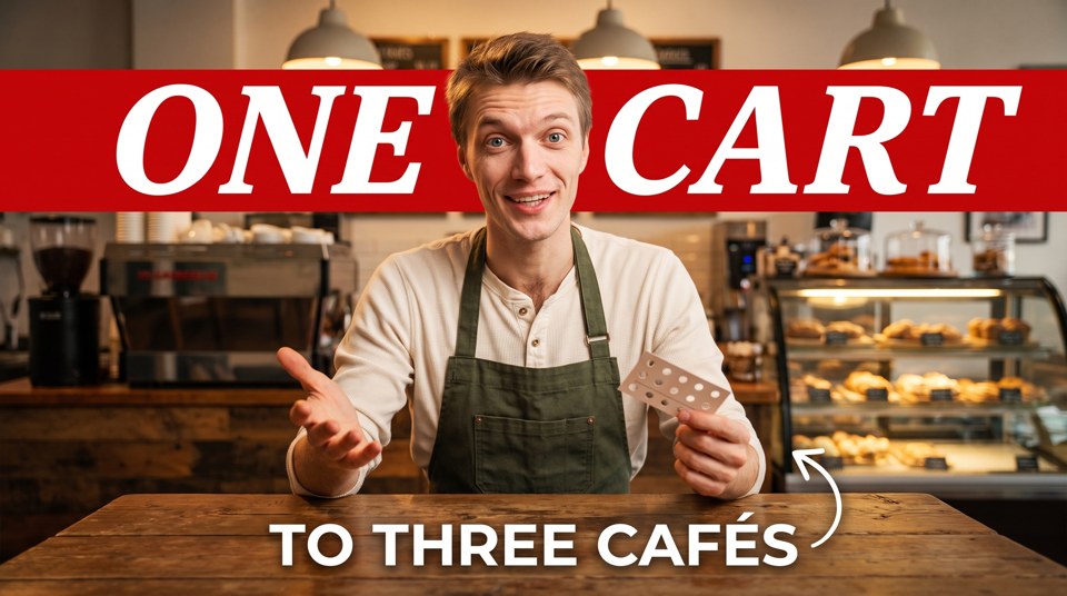 An AI thumbnail in the Center Stage layout: the creator at a café counter under a huge ONE CART headline