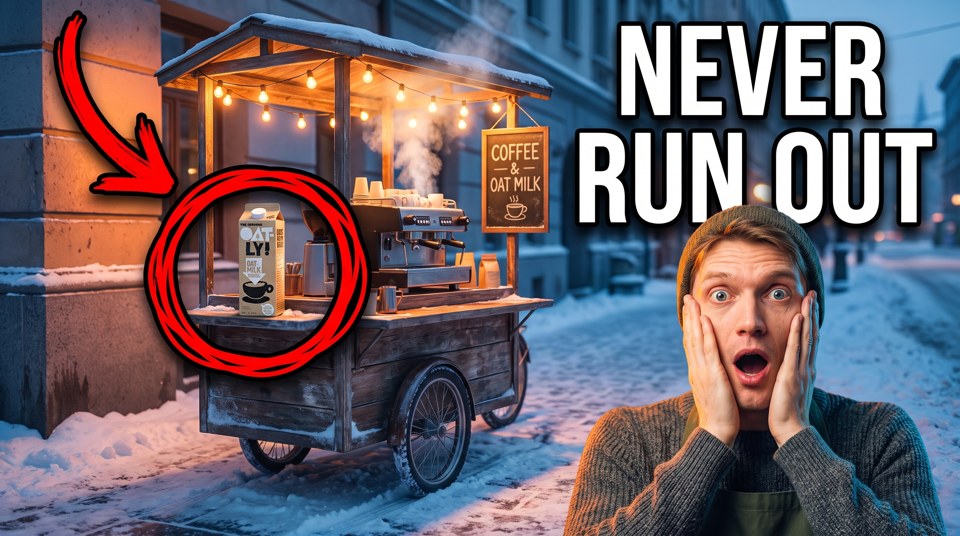A Circle & Arrow AI thumbnail: a coffee cart in the snow with the oat milk circled in red and the words NEVER RUN OUT
