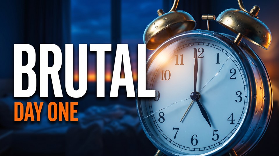 A faceless AI thumbnail: an alarm clock at 5:00 with the words BRUTAL DAY ONE