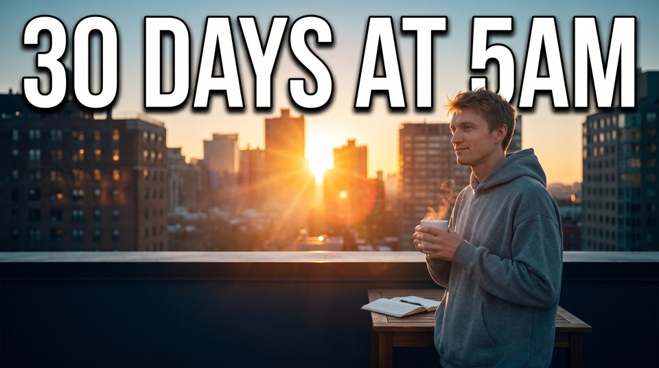 AI thumbnail: 30 DAYS AT 5AM over the creator at sunrise