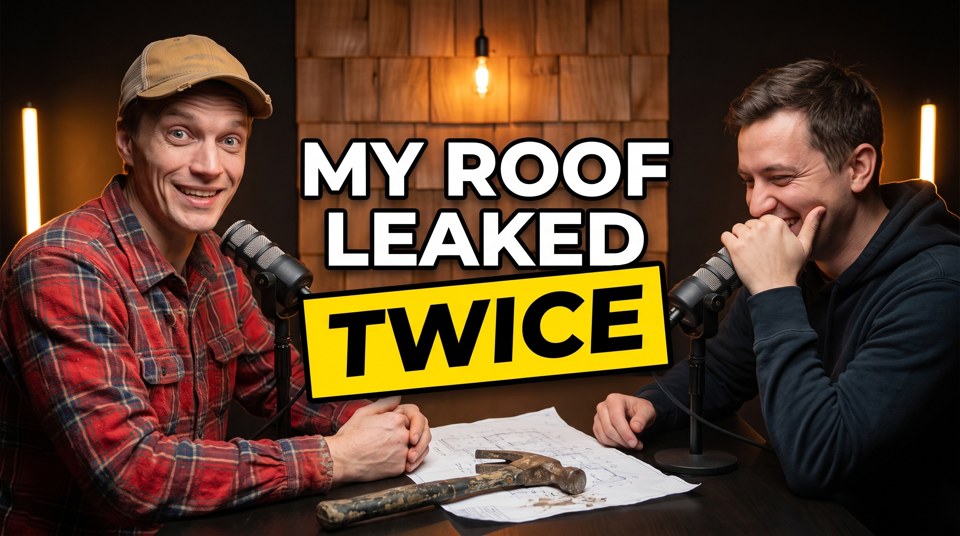 A two-person podcast AI thumbnail: two hosts at studio microphones with the words MY ROOF LEAKED TWICE